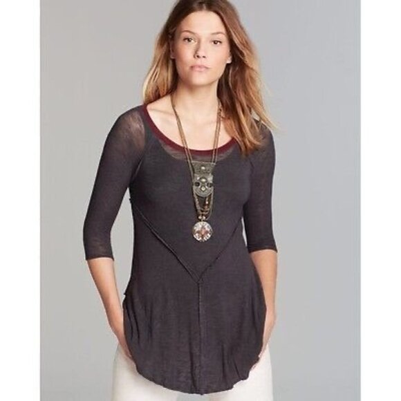 Free People Semi Sheer Asymmetric 3/4 Sleeve Slub Knit Layering Top - Picture 10 of 14
